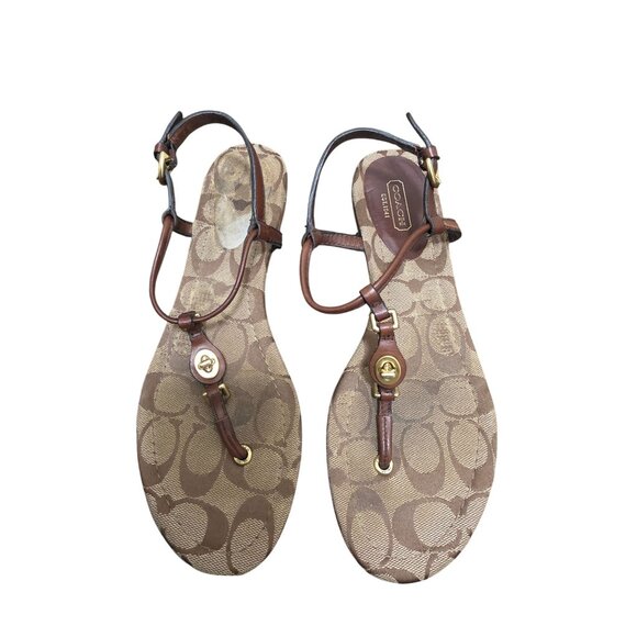 Coach Women's Signature Print Thong Sandals Brown/Gold Leather Size 8B - Picture 1 of 10